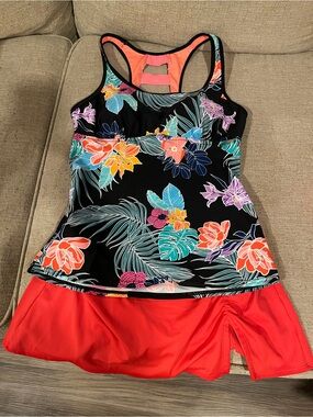Tropical Floral Tankini Set in Black and Coral